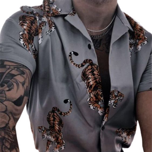 Men's Spring And Summer Fashion Casual Printed Tiger Cotton Short Sleeve Shirt