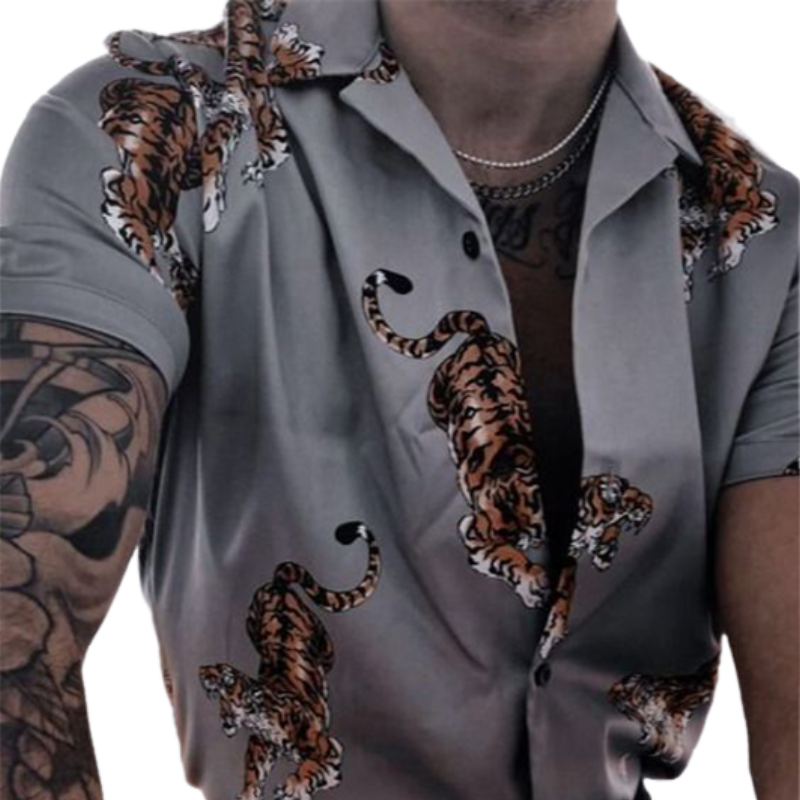 Camisa informal de manga corta de algodón con estampado de tigre para hombre, de primavera y verano