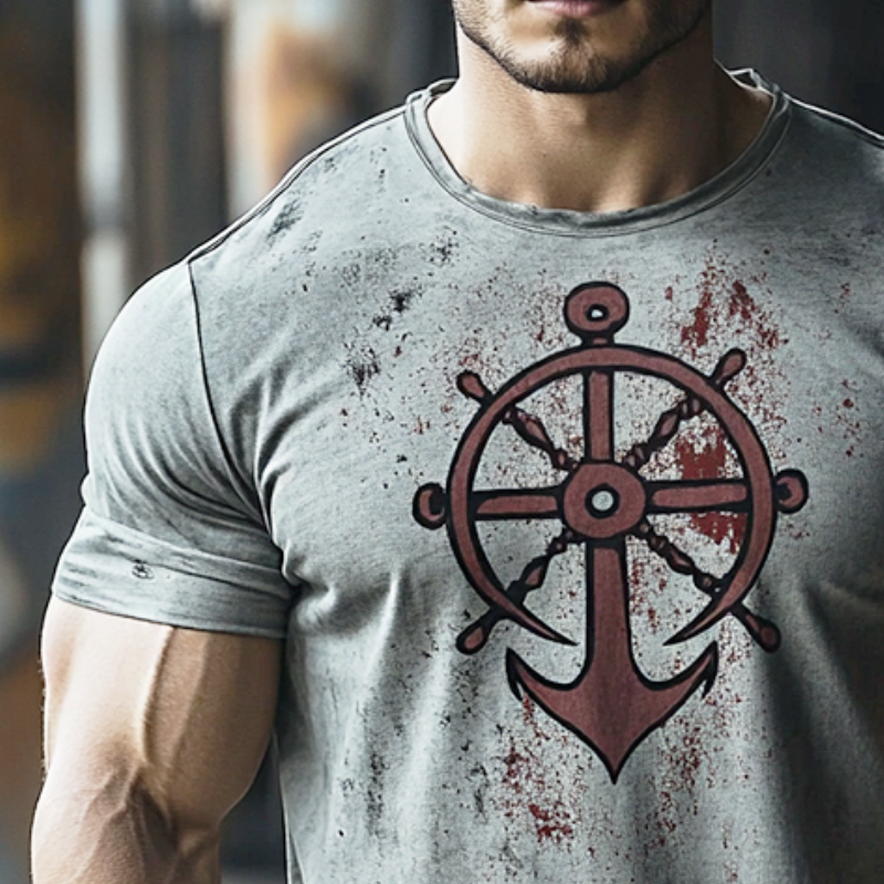Men's Retro Nautical Anchor Print Casual Round Neck Short Sleeve T-Shirt