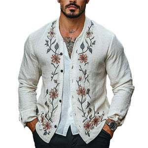 Chaqueta fina vintage de algodón y lino con bordado floral para hombre