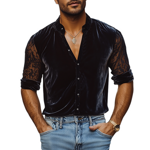 Camisa de manga larga negra con cuello alto y costuras de encaje de terciopelo para hombre, moda de primavera