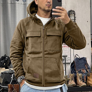 CROSS BORDER AUTUMN AND WINTER ZIPPER NEW MEN'S HOODED SOLID COLOR LOOSE YOUTH SPORTS MULTI POCKET LEATHER SWEATSHIRT OUTER SET