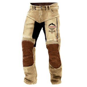 Pantalones de moto para hombre, estilo vintage, de algodón lavado, con bolsillos y cremallera.