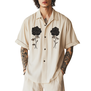 Men's Casual Cotton Linen Rose Embroidery Lapel Loose Short Sleeve Shirt