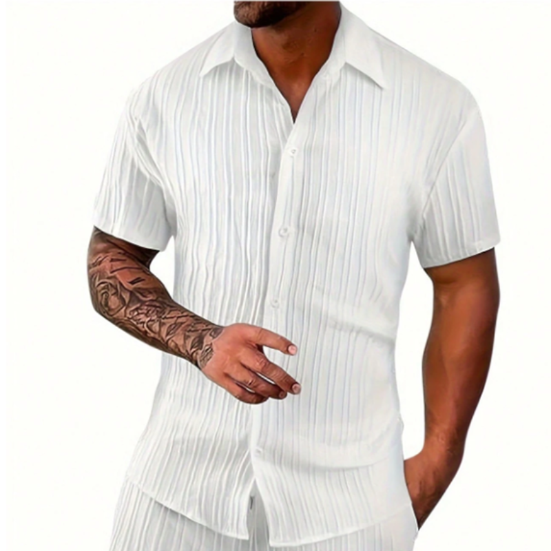 Herren Frühlingsmode Casual Slim Fit Kurzarmhemd Länge bis zum Knie Shorts Set