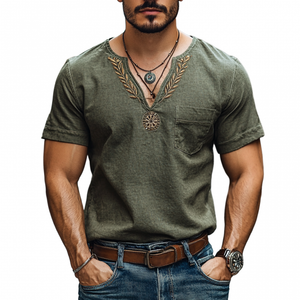 Camiseta informal de algodón y lino para hombre, con cuello en V, bordado y bolsillo de parche, manga corta