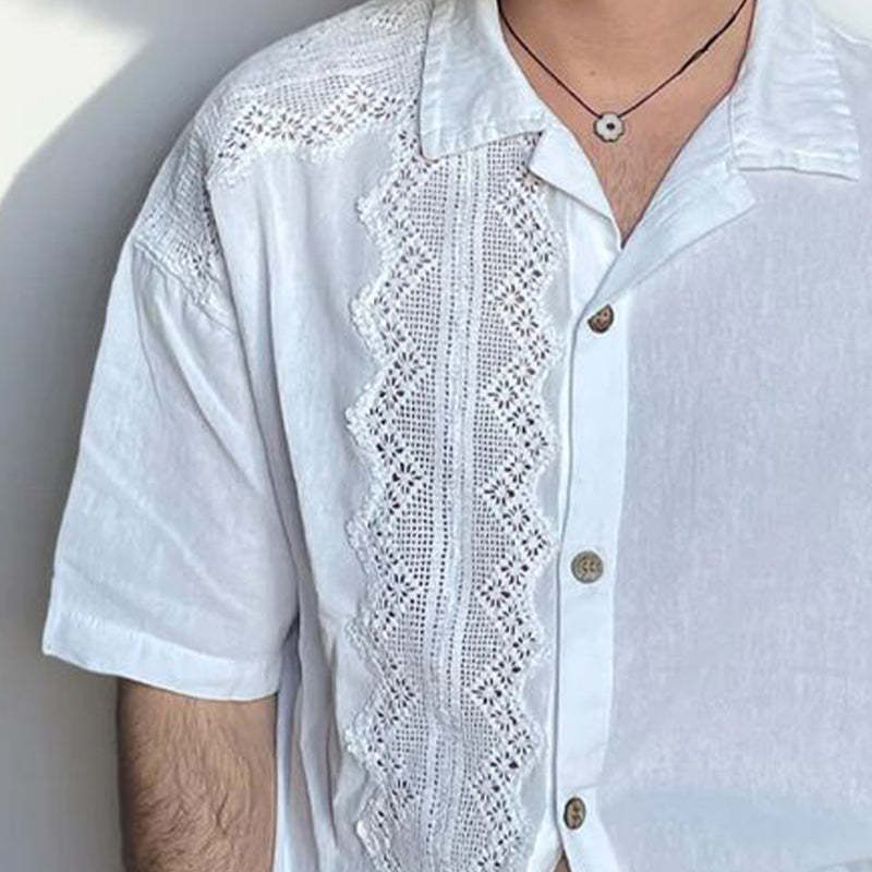 Camisa de manga larga con solapa y encaje de color liso para hombre 