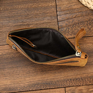 Herren Vintage Crazy Horse Leder Große Kapazität Reißverschluss Lange Brieftasche 