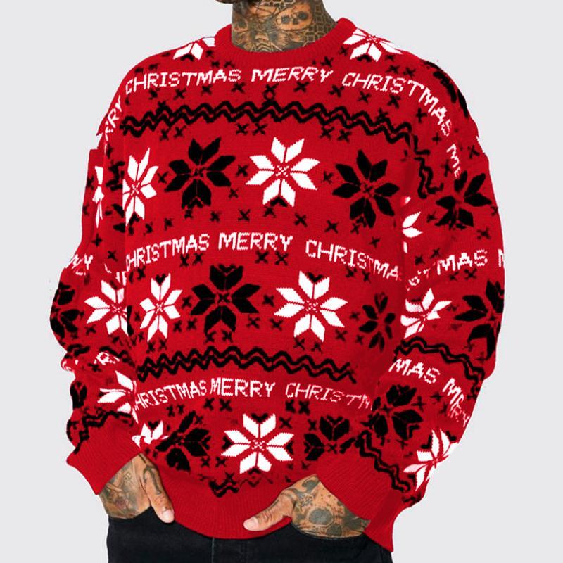 Suéter informal navideño de punto con cuello redondo y jacquard para hombre