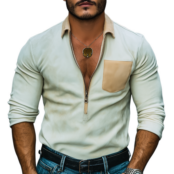 Camisa informal de manga larga de gamuza con cuello en V profundo y cremallera para hombre, moda de primavera