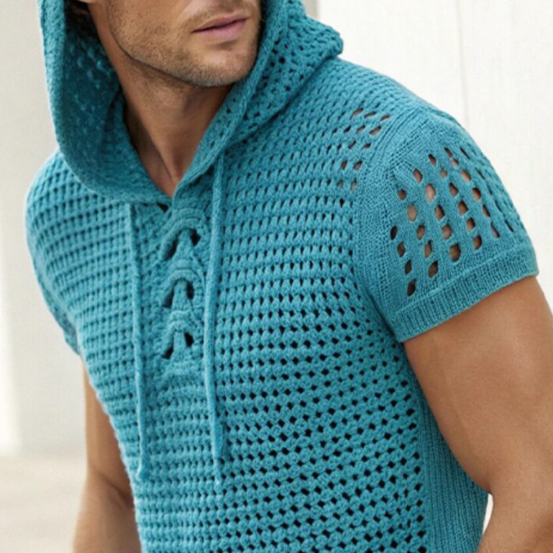 Camiseta de manga corta de punto hueco con capucha informal de moda de verano para hombre