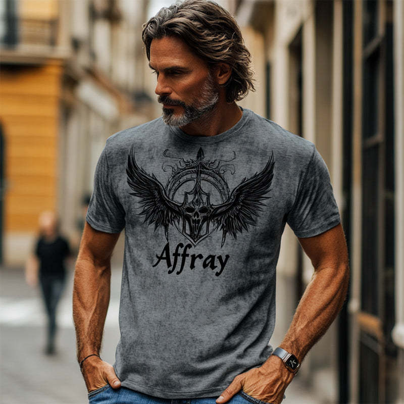 Dunkelgraues, Vintage-bedrucktes Rundhals-Freizeit-T-Shirt für Herren