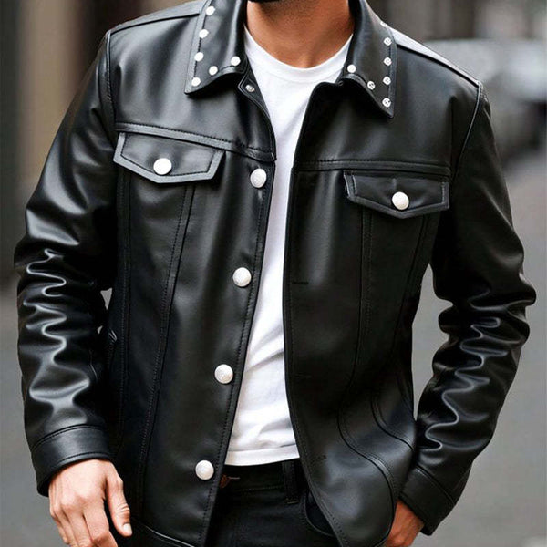 Men's Spring And Autumn Pure Black Lapel PU Leather Jacket MTA2049C6U