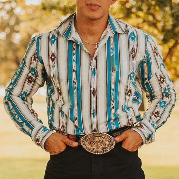 Men's Western Cowboy Stripe Printed Vacation Long Sleeve Shirt