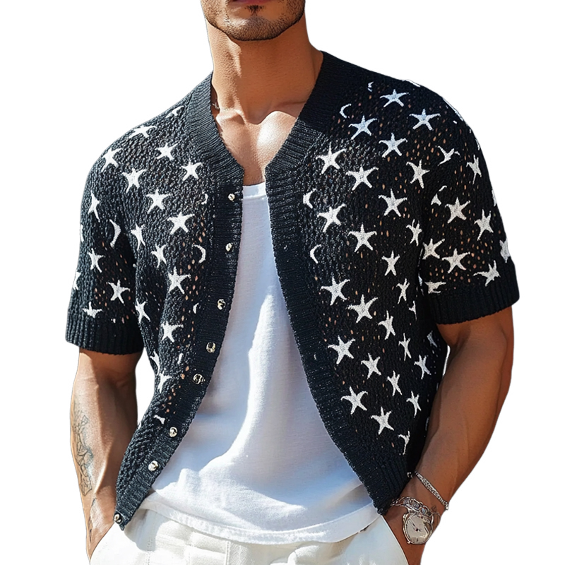 Camisa de punto de manga corta con jacquard de estrellas para hombre