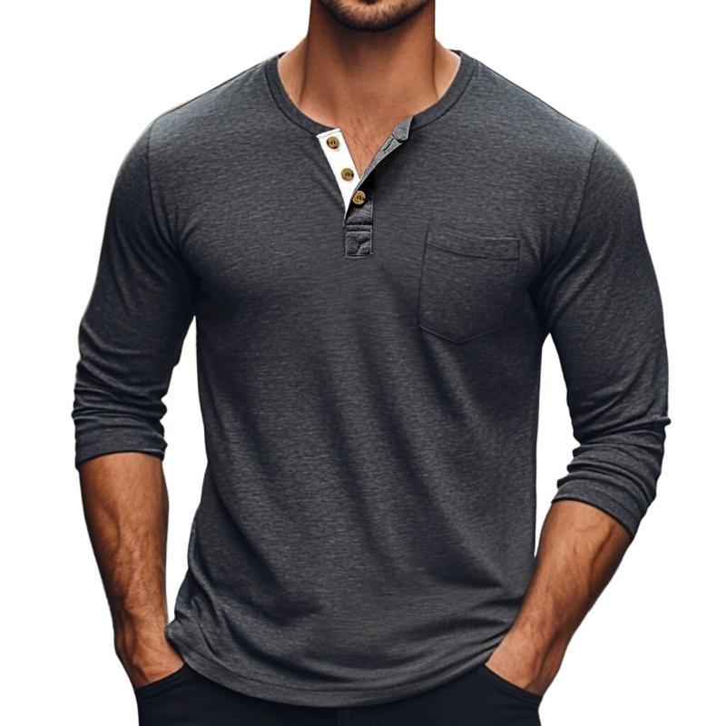 Men's Solid Color Button Round Neck Long Sleeve T-Shirt