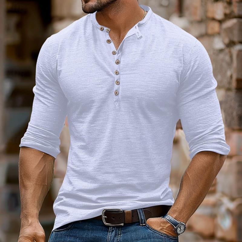 Camiseta informal de manga larga con cuello henley y múltiples botones para hombre