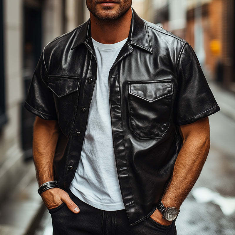 Camisa holgada de cuero negro de manga corta de verano para hombre