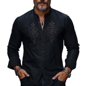 Men's Spring And Autumn Cotton And Linen Embroidered Casual Skin-friendly Shirt