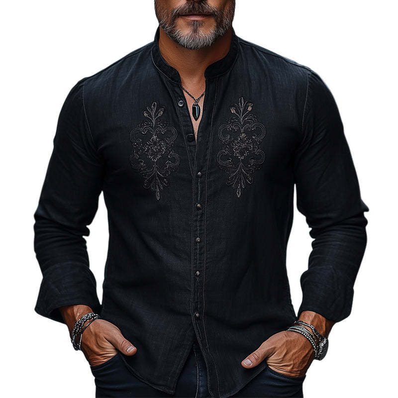 Camisa informal bordada de algodón y lino, agradable para la piel, para primavera y otoño para hombre