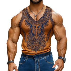 Men's Retro Ethnic Printed Round Neck Tank Top