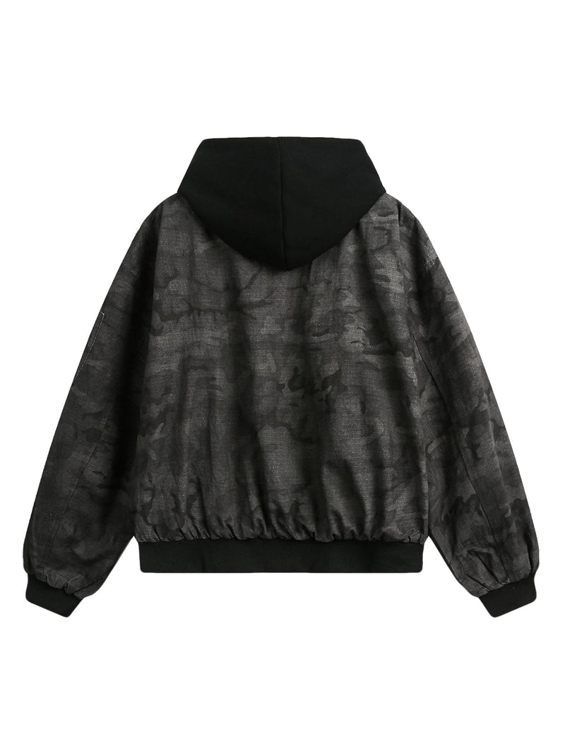 Retro Camouflage Faux Two-piece Hooded Jacket