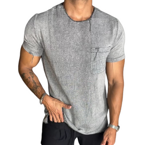 Camiseta retro informal de lino con bolsillo, cuello redondo y manga corta para hombre