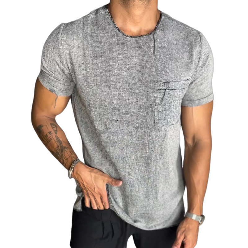 Men's Retro Casual Linen Pocket Round Neck Short Sleeve T-Shirt