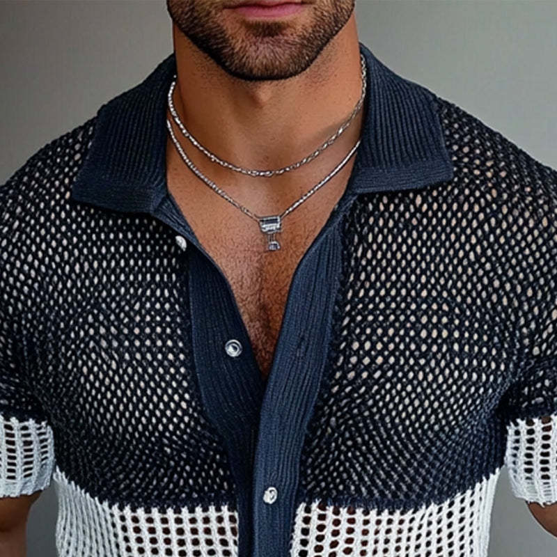 Men's Contrast Mesh Contrast Knit Short Sleeve Shirt