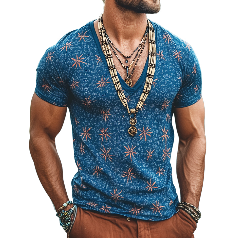Camiseta de manga corta con cuello en V y estampado floral retro informal para hombre