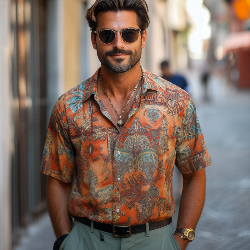 Camisa casual de manga corta con estampado retro para hombre