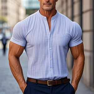 Men's Solid Color Casual Stand Collar Short Sleeve Shirt