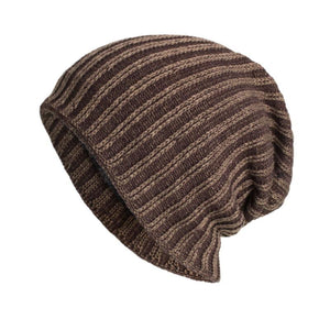 Men's Retro Two-tone Vertical Stripes Cable Flannel Lining Warm Knitted Hat