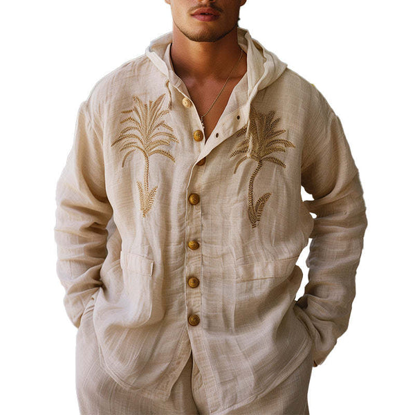 Men's Palm Leaf Embroidered Linen Hooded Shirt