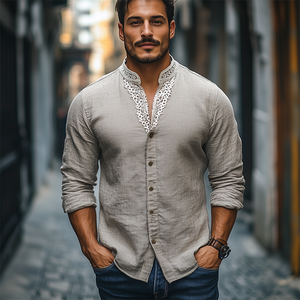 Camisa de manga larga de algodón y lino con cuello alto y encaje para hombre, moda de primavera