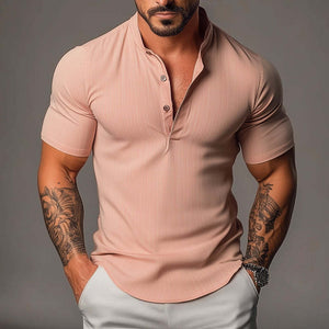 Camisa retro informal de manga corta con cuello alto y elástico para hombre