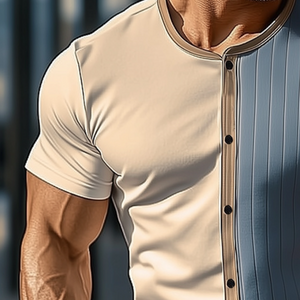 Camiseta retro informal de manga corta con cuello redondo y botones para hombre