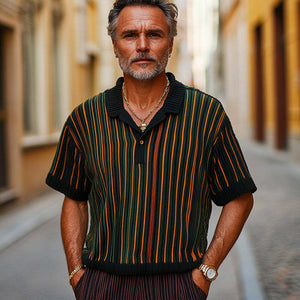 Men's Retro Colorblock Vertical Stripe Knitted T-Shirt