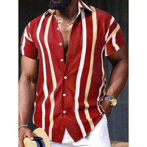 Men's Casual Striped Printed Lapel Short Sleeve Shirt
