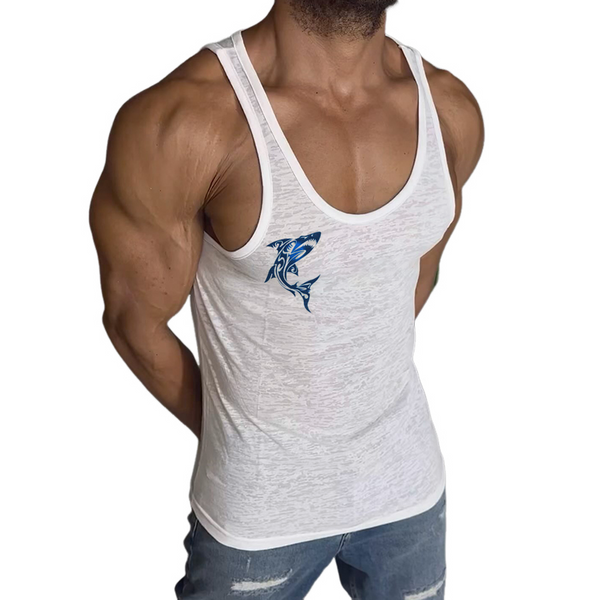Camiseta sin mangas con cuello redondo y estampado de tiburón estilo retro informal para hombre