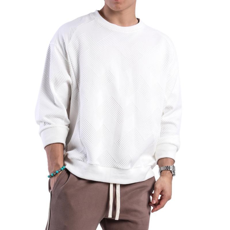 Camiseta de manga larga con cuello redondo y textura de color liso para hombre