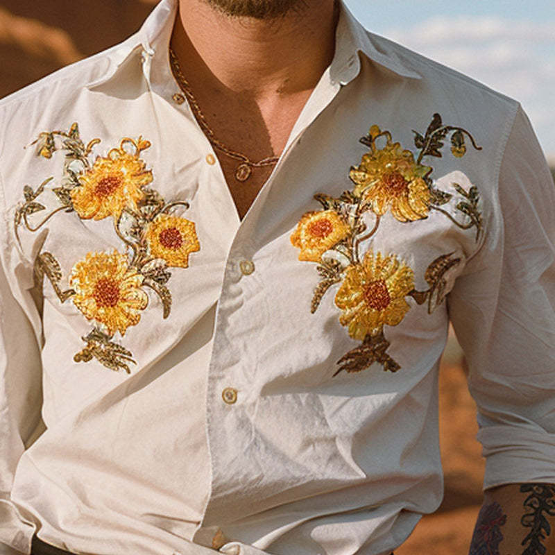 Camisa informal de manga larga con estampado floral bordado para hombre