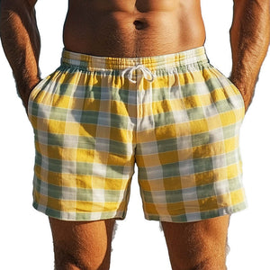 Men's Spring Fashion Plaid Linen Casual Sports Shorts