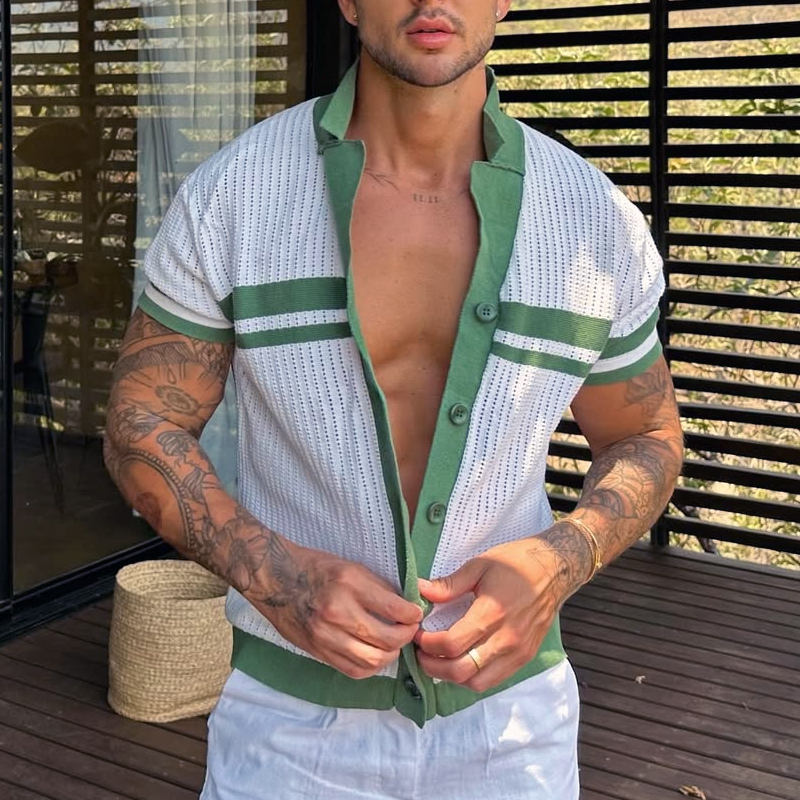 Men's Knit Striped Notch Lapel Single Breasted Short Sleeve Polo Shirt MTA0812D4Z