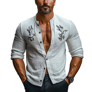 Camisa de manga larga con cuello redondo y bordado de algodón y lino para hombre