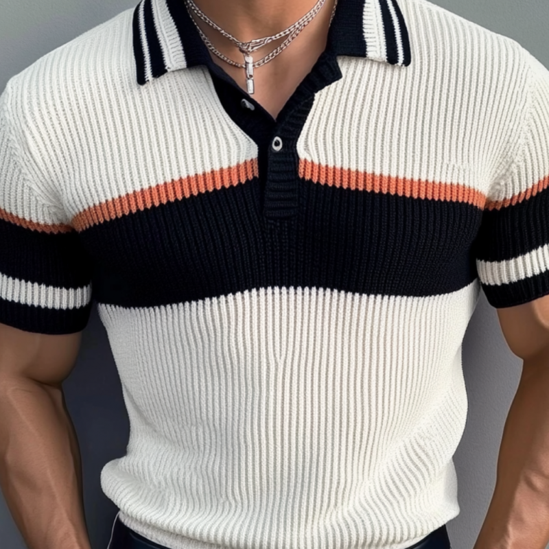 Men's Casual Contrast Lapel Slim Fit Knitted Short Sleeve Polo Shirt