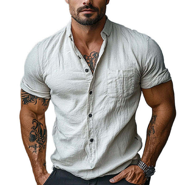 Men's Cotton Solid Color Lapel Short Sleeve Shirt