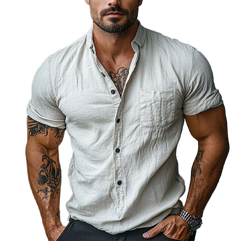 Men's Cotton Solid Color Lapel Short Sleeve Shirt