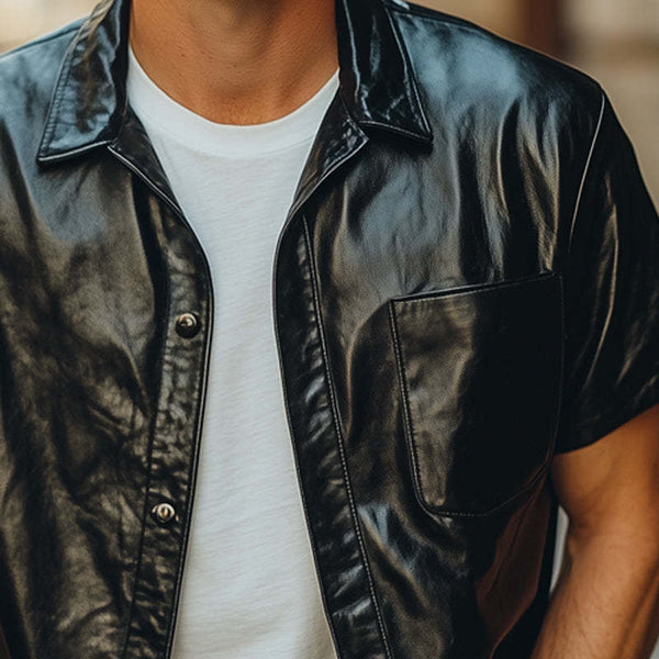Camisa holgada de cuero negro de manga corta de verano para hombre