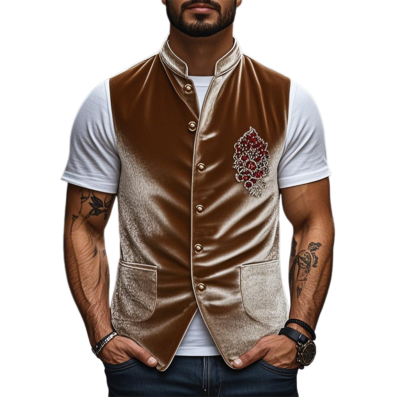 Chaleco de cuello alto ajustado de terciopelo bordado retro de moda de primavera para hombre